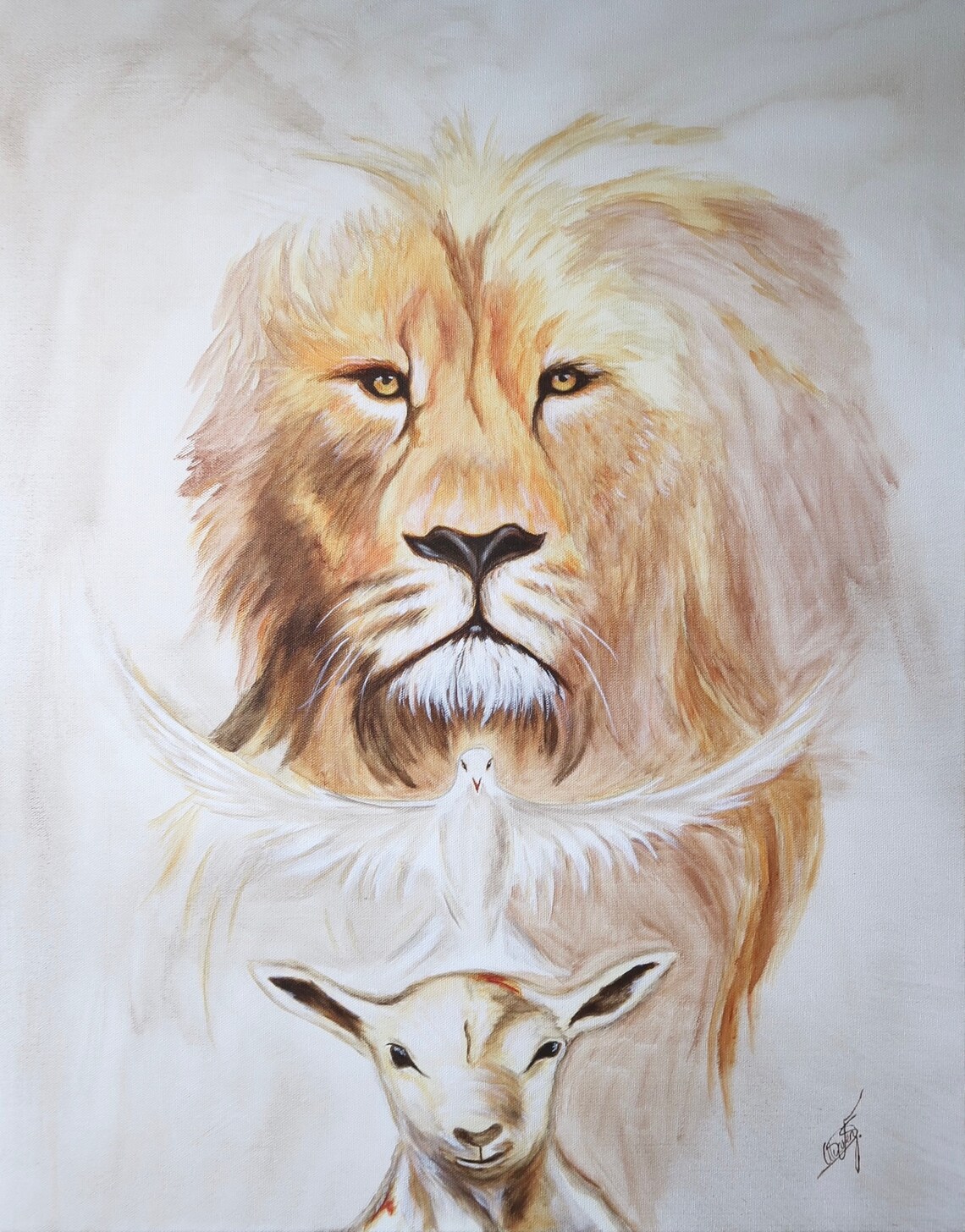 Lion, Lamb and Dove art Print of an Original Acrylic Painting, Glossy