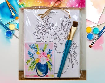 Floral Painting Art Kit- Complete Acrylic Paint Set with Traced Canvas, Brushes, Palette & Instructions | DIY Flower Art For Beginners
