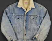 Levi 39 s VTG USA Distressed Sherpa Lined Denim Trucker Jacket Mens 42L 80 39 s-90 39 s Vintage Retro Rare Jacket
