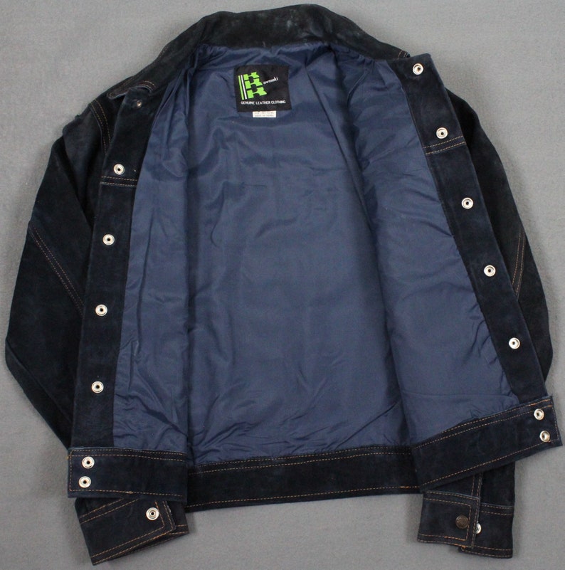 Vintage 70/'s Kawasaki Leather Snap Front Motorcycle Trucker Jacket Navy Blue Small