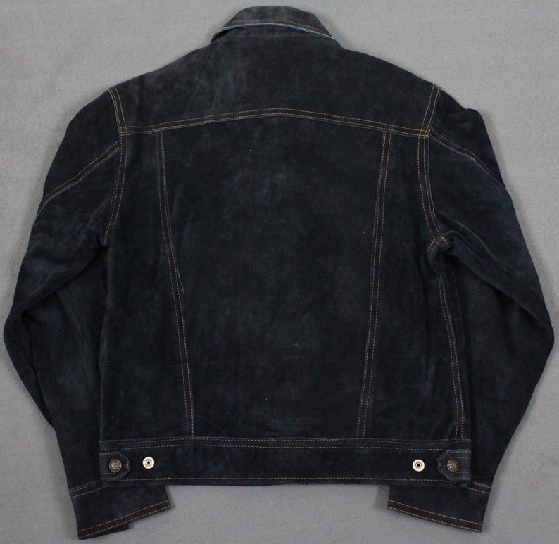 Vintage 70/'s Kawasaki Leather Snap Front Motorcycle Trucker Jacket Navy Blue Small