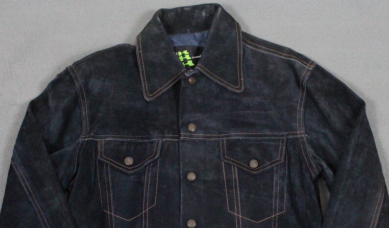 Vintage 70/'s Kawasaki Leather Snap Front Motorcycle Trucker Jacket Navy Blue Small