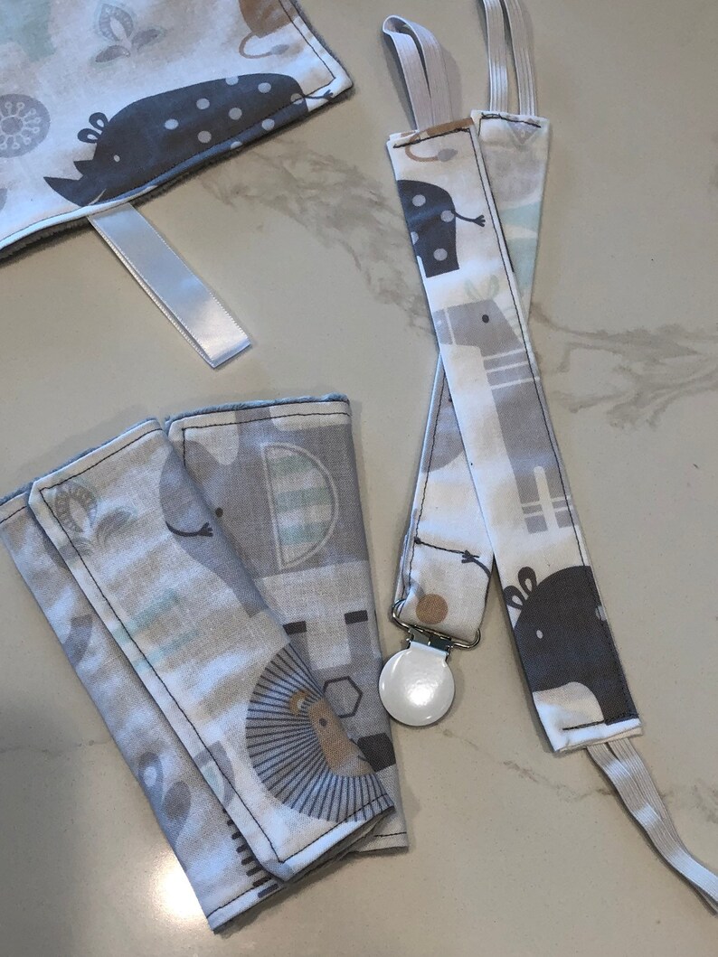1 pacifer clip 1 toy clip set with gray minky Zoo friends Taggy blankie newborn bib with minky backing pair of car seat strap covers