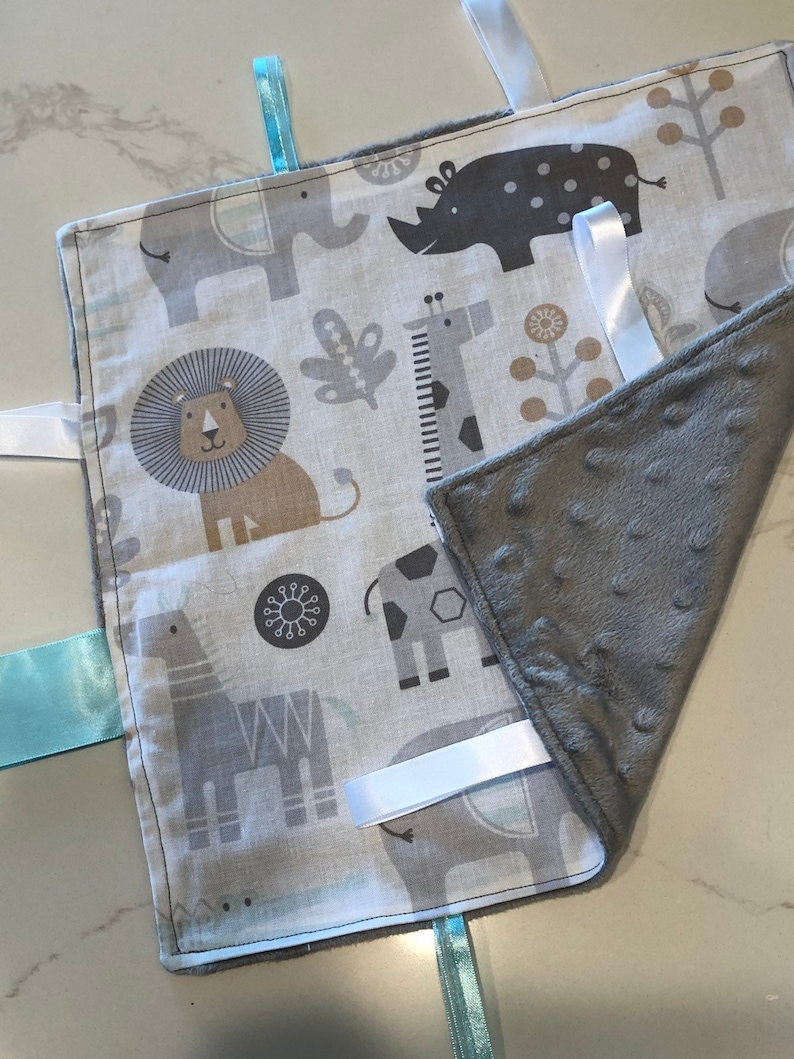 1 pacifer clip 1 toy clip set with gray minky Zoo friends Taggy blankie newborn bib with minky backing pair of car seat strap covers