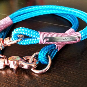 Puede incluir: Una correa para perro de cuerda turquesa y rosa con un cierre de metal dorado rosa y una etiqueta de plata grabada con "Lenny 0152-437".