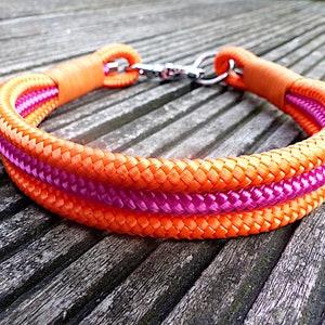 Premium rope collar orange pink for dogs with leather rigging and swivel carabiner