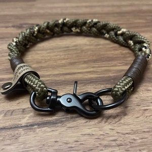 braided rope collar with leather rigging and matte black hardware swivel carabiner