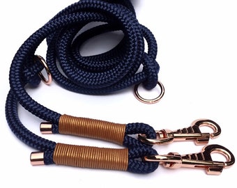 Adjustable tau leash in blue with leather taulting Tauleine dog