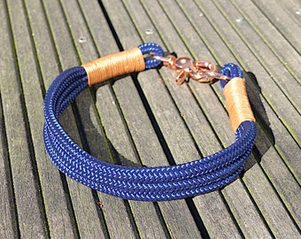 Premium Tauhalsband mit Ledertakelung Hund Takelung blau bronze