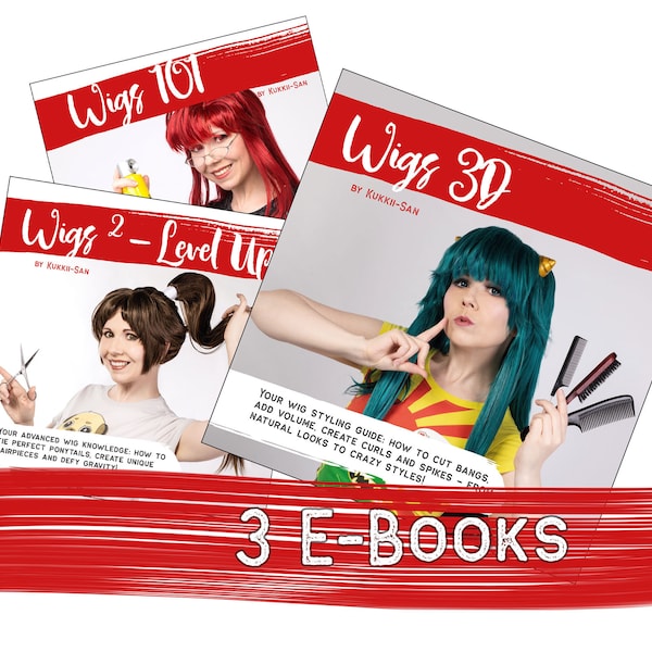 Wigs 101 + Wigs 3D + Wigs 2 Level Up! by Kukkii-san (English) – 3x Tutorial E-Book – Cosplay Wig Styling – Beginner, Intermediate, Advanced