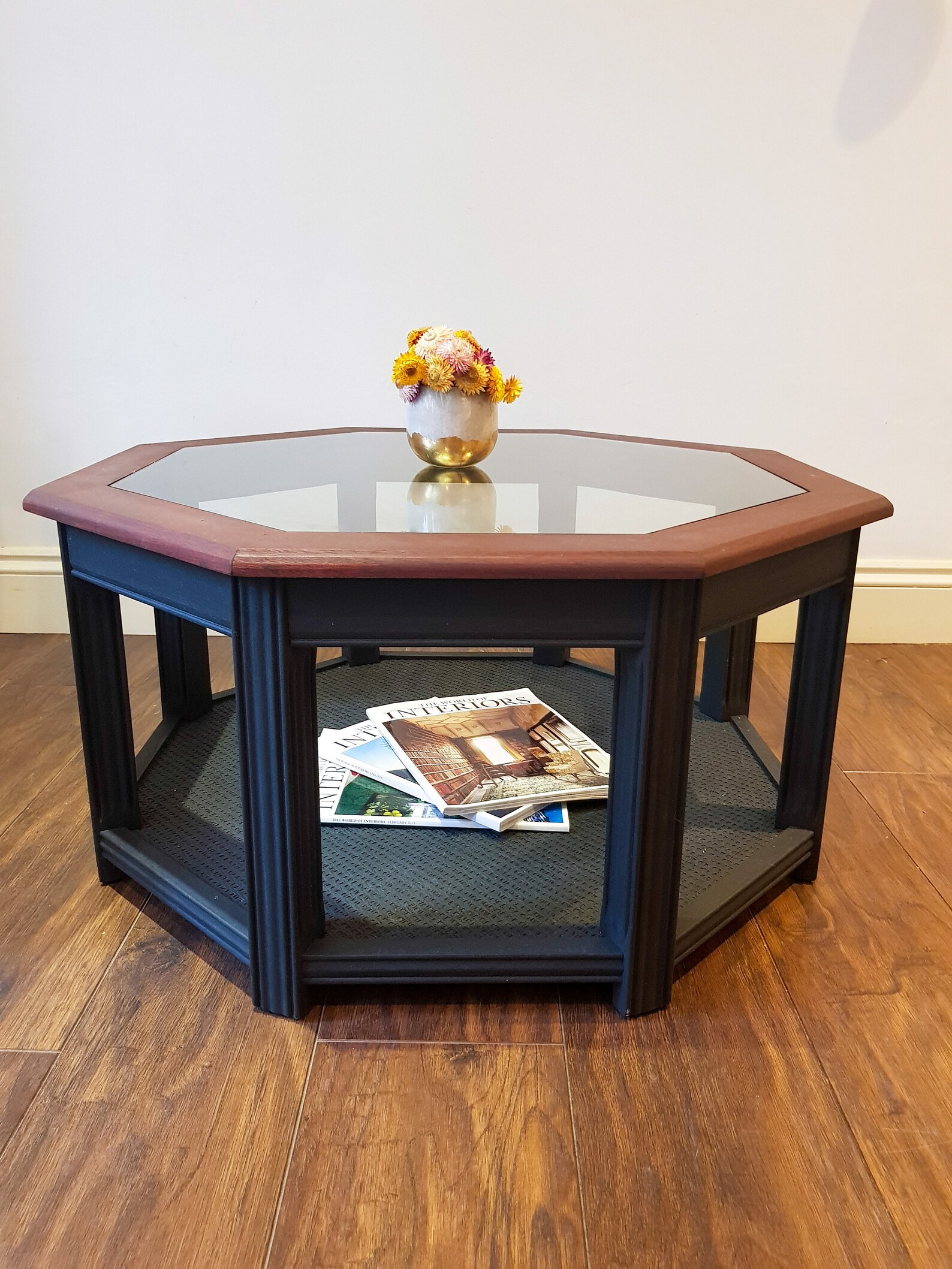 SOLD Midcentury Octagonal Coffee Table With Glass Top Painted in Blue