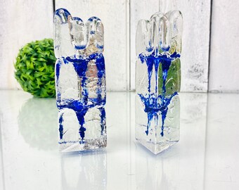 Mid Century Candle Holder Blue Ice Art Glass Thorne Signed Vintage