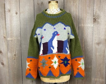 Vintage beautiful handmade woolen sweater with penguins
