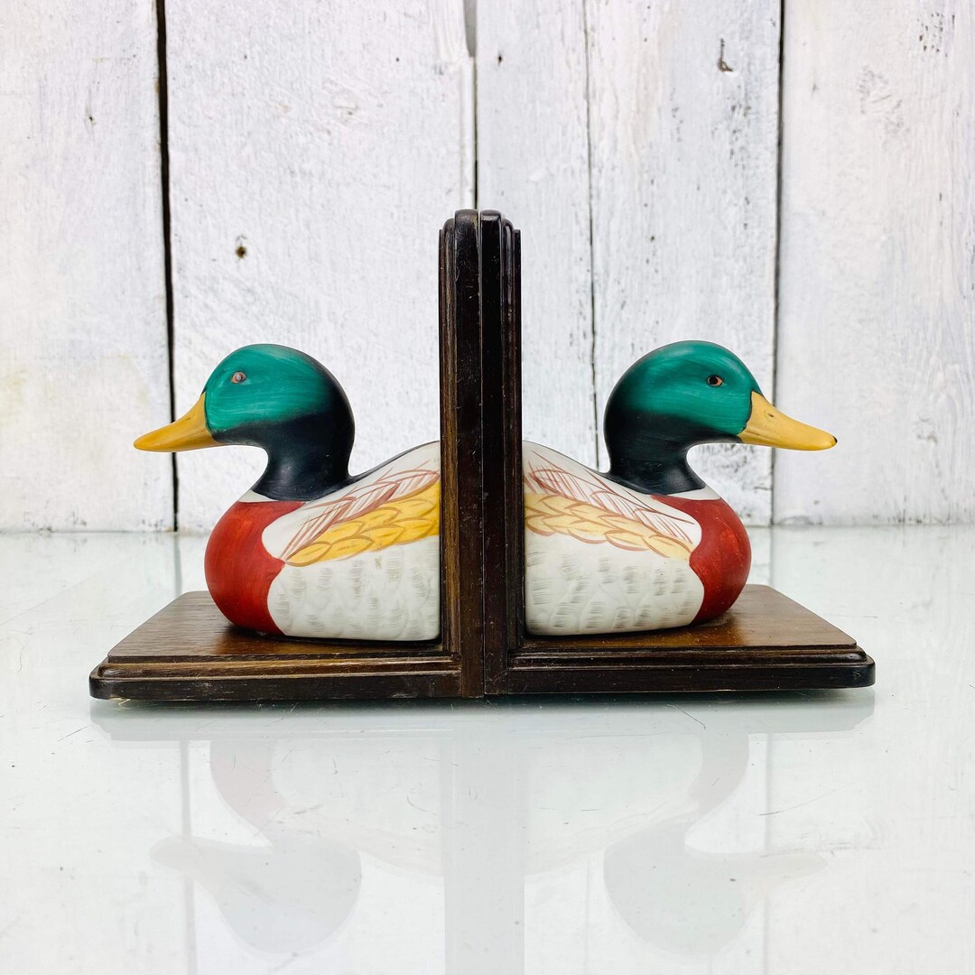 Vintage Duck Bookends Ceramic Duck and Wooden Stand Etsy