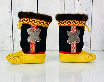 Nice Pair First Nations Moccasin beaded and leather and fur boots