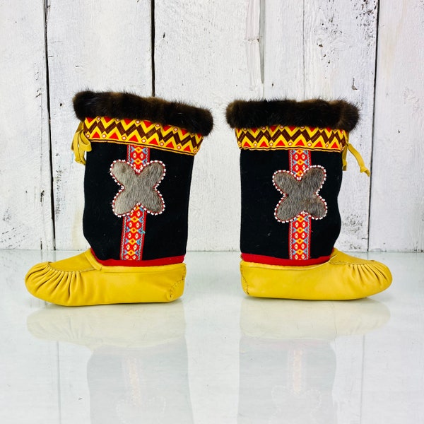 Nice Pair First Nations Moccasin beaded and leather and fur boots