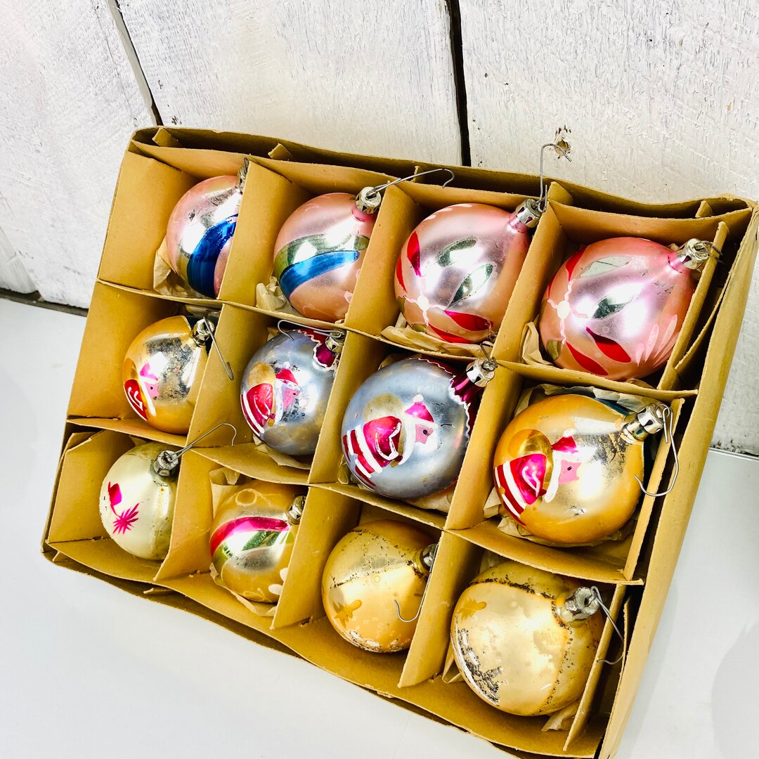 Vintage Christmas Tree Ornaments Glass Hand Painted Santa Etsy