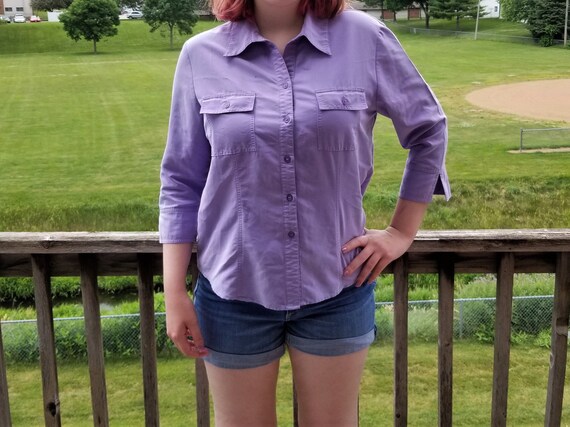 Faux suede lavender blouse, purple button down, 80s mod shirt, Joanna blouse, mid length sleeve dress shirt, suede purple shirt, size large