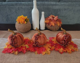 Velvet Pumpkin with foliage and fairy lights table display set of 3