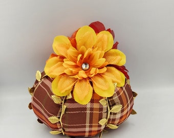 Plaid Fabric Pumpkin with burlap flowers