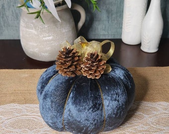 Velvet Pumpkin with gold ribbon and pine cones