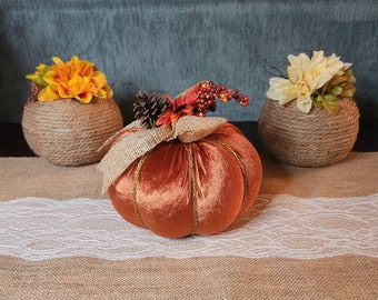 Velvet Pumpkin rustic orange with burlap bow table decoration