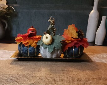 Small Velvet Pumpkins with Gold Charger