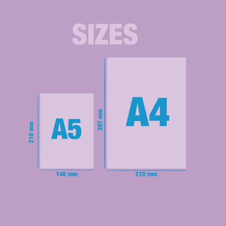 May include: Diagram showing the sizes of A4 and A5 paper. A4 paper is 210 mm by 297 mm. A5 paper is 148 mm by 210 mm.