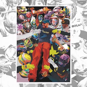 May include: A colourful illustration of a Formula One driver being lifted up by other drivers, all wearing racing helmets. The driver is wearing a black shirt with a gold chain, red trousers, and a black cap. The background is black with yellow and white accents.