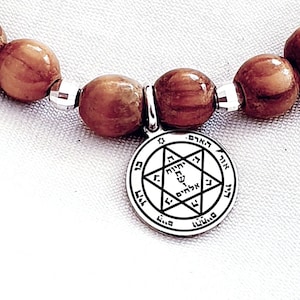 Spersonalizowana bransoletka. Amulet Salomona. Bransoletka z drewna oliwnego jerozolimskiego, bransoletka z amuletem Salomona. Zdrowie, bogactwo, szczęście, srebro próby 925.