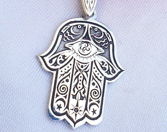 Hamsa Pendant Men- Hamsa Necklace - Kabbalah Necklace Charm Necklace Silver 925