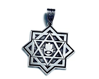 Davidstern, jüdische Sternkette Magen David und der Mystiker Hamsa Kabbalah, Silber 925