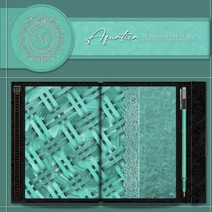 May include: An open planner with a teal and black design. The left side features a woven pattern, while the right side has a teal textured surface. A teal pen rests on the right. The top banner reads "Aquatica".