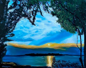 Serene Sunset, Tree Swept Waters Original Oil Painting
