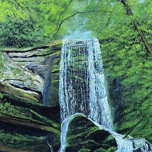 Slate Hill Falls - Green Lush Waterfall Landscape Original Oil Painting