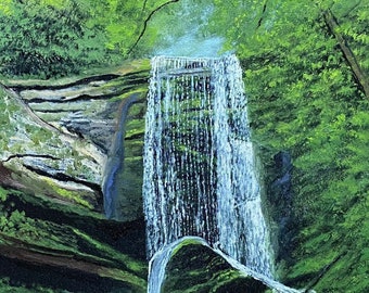 Slate Hill Falls - Green Lush Waterfall Landscape Original Oil Painting
