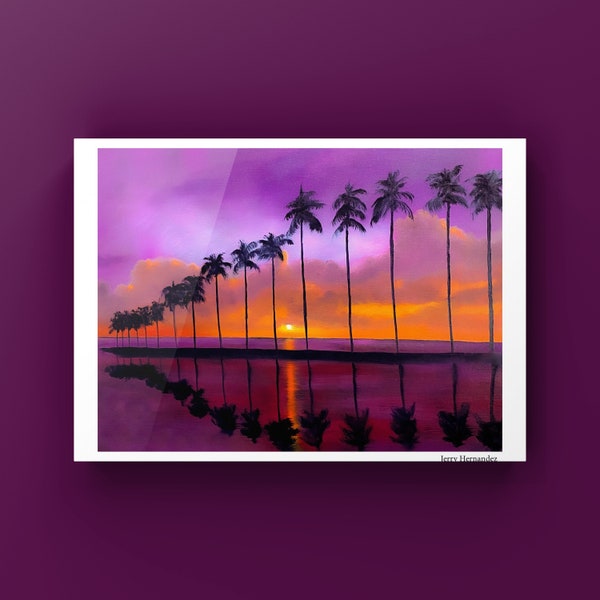 Brilliant Palm Tree Row Purple and Tangerine Skies Art Print