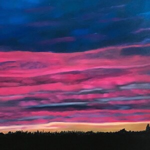 May include: A painting of a pink and blue sunset with a dark silhouette of trees in the foreground.