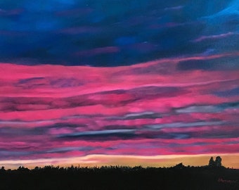Glorious German Twilight Sunset Original Oil Painting