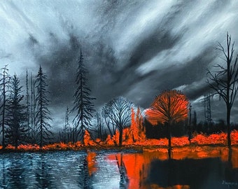 Fiery Forest Autumn Shore Painting - *Free art print with painting purchase