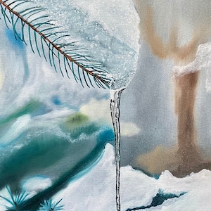 Tree Branch Icicle Holiday Reminiscing Original Oil Painting
