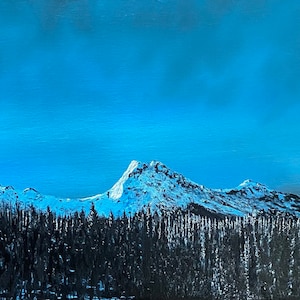 Sky Blue Snow Covered Mountain Peaks Original Oil Painting