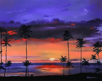 Dusky Purple Tropical Palm Trees Skies Original Oil Painting