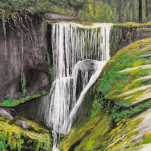 Hidden Waterfall in Forest Original Oil Painting