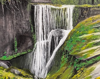 Hidden Waterfall in Forest Original Oil Painting