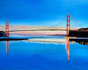 Golden Gate Twilight Reflections Original Oil Painting of Iconic San Francisco Landmark