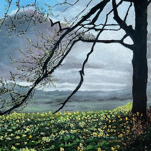 May include: A painting of a field of yellow wildflowers with a large tree silhouetted against a cloudy sky.