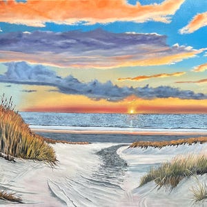 Ocean Sunset Oil Painting: Sandy Beach Path, Coastal Art (40x30)