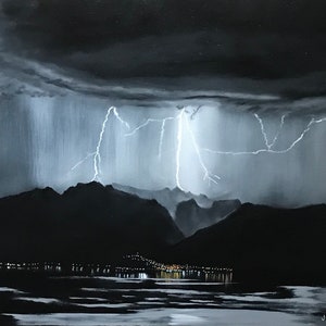 Twilight City Lights Lightning Storm Original Oil Painting