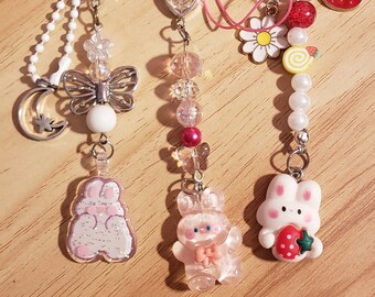 Pink Heart Beaded Keychain- Cute Bead Phone Strap with Bunny, Star, & Fruit Charms